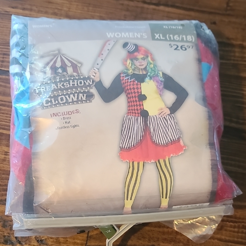 Adult Freakshow Clown Costume with Dress and Hat Size XL 16/18